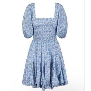 Erika Wilson Nantucket Fan Dress Puff Sleeve Mini Dress Smocked Sz L NWT $228